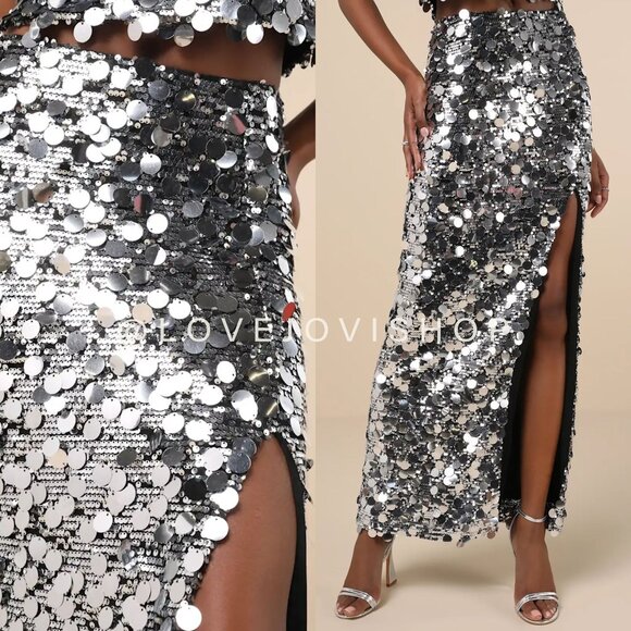 NYE Glam | NWT! Lulus Disco Sequin Maxi Midi Skirt w Front Slit Silver Sparkle M - Picture 1 of 13